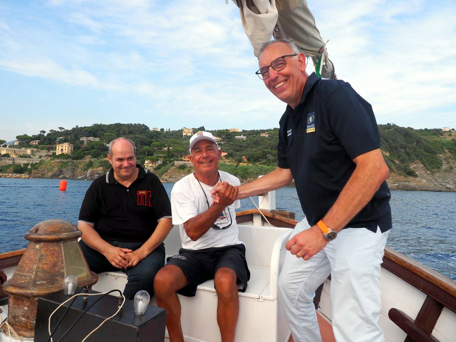 Marco Falcone (right) onboard the Leudo on the Bay of Silence; Image courtesy Radio Amateurs of Sestri Levante